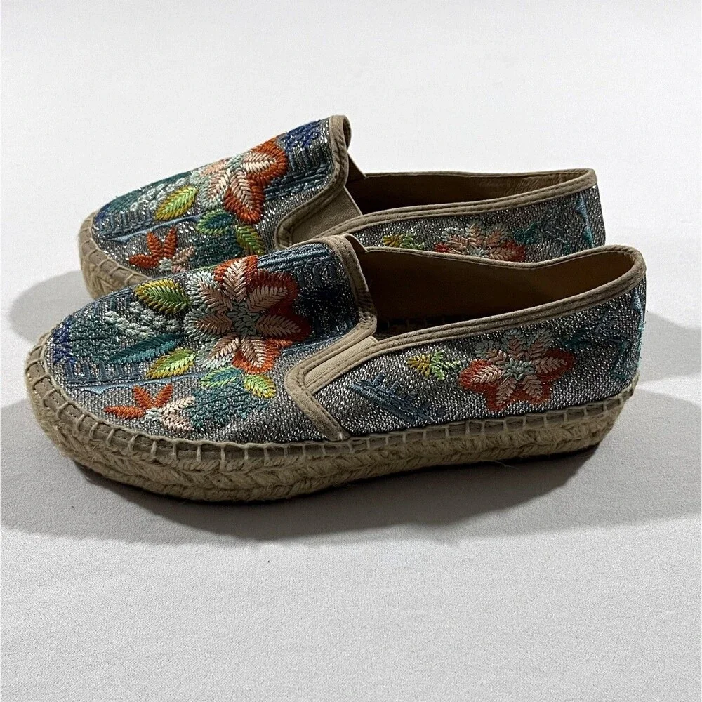 Johnny Was Metallic Floral Embroidered Elysia Espadrilles Platform Shoes Sz 38